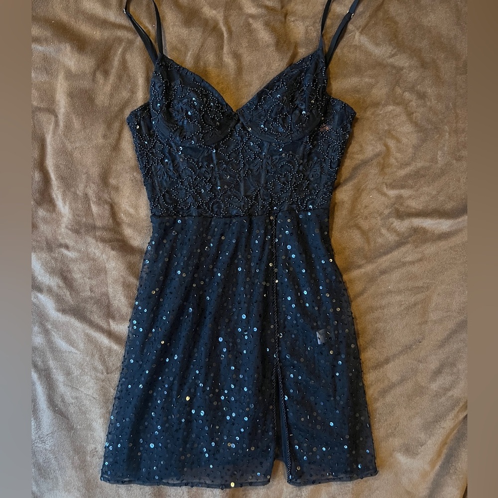 Navy Blue Corset Floral Sequin Mini Dress